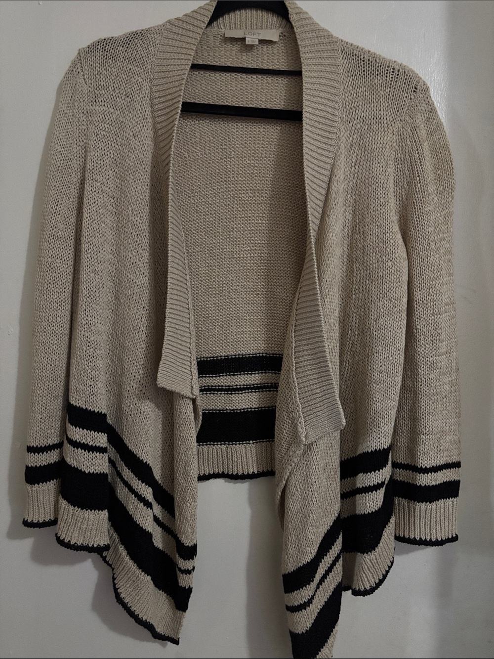 LOFT Beige Open-Front Cardigan with Black Stripe Accents